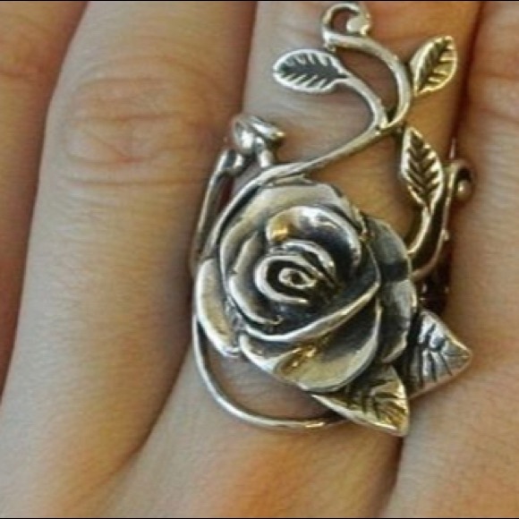 925 Sterling Silver Rose Flower Leaf Ring 7